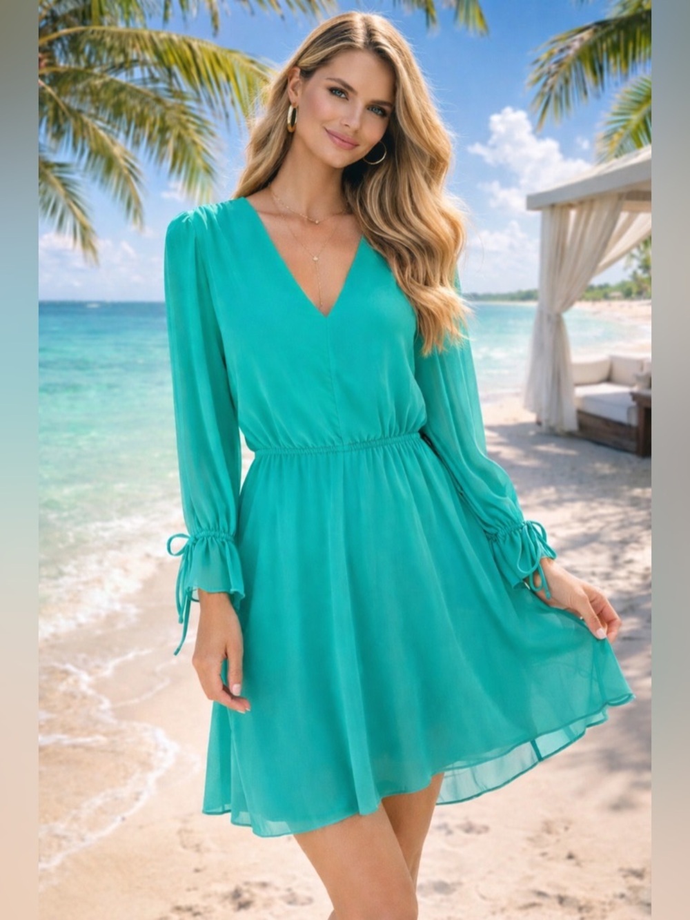 Vince Camuto NWT Teal Chiffon Dress Size 10 Long Sleeve V-Neck Tie Sleeve Flowy